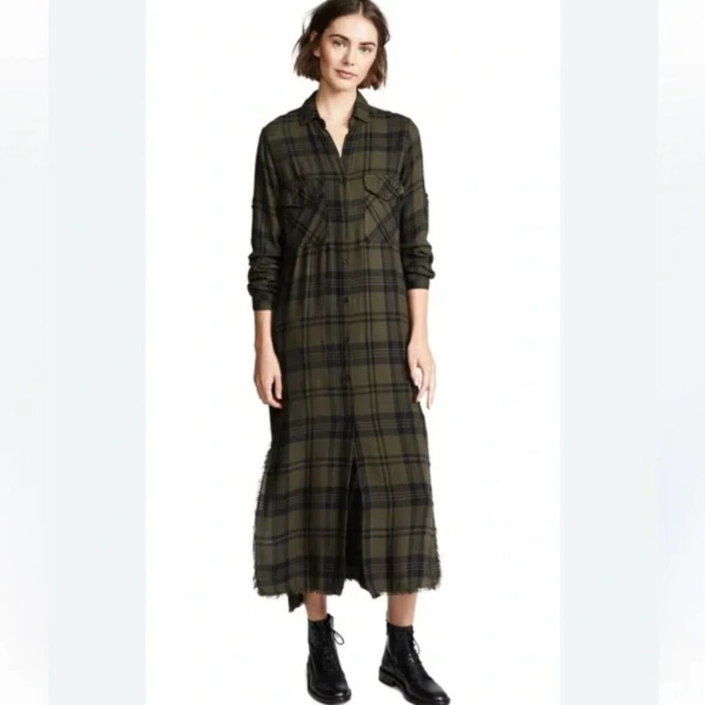 BELLA DAHL Olive Green Black Plaid Button Up Boho Shirt Maxi Dress Size XS